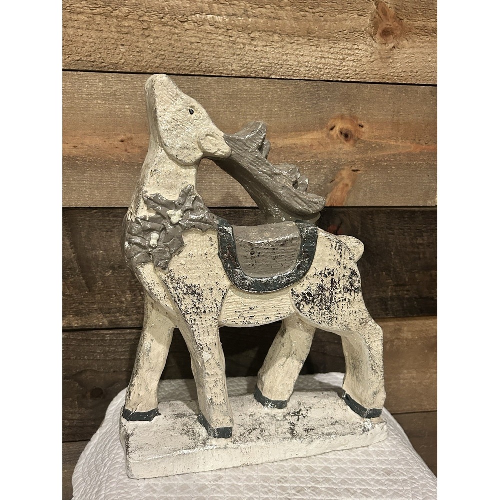 Resin Christmas Reindeer 13" Holiday White Gray Rustic